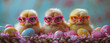 Three cute ducklings wearing colorful sunglasses surrounded by pastel Easter eggs and pink flowers, symbolizing spring and Easter celebrations.
