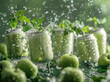 Fresh green apples and mint in splashing water with droplets flying around, set against a blurred green background, conveying freshness and purity.