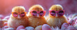 Three cute ducklings among colorful Easter eggs, two wearing pink sunglasses, with a soft-focus pink background, ideal for festive springtime themes.