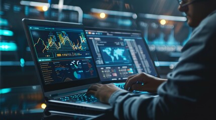 Data scientist, Programmer using laptop analyzing financial data on futuristic virtual interface. 