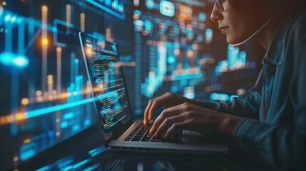Data scientist, Programmer using laptop analyzing financial data on futuristic virtual interface. 