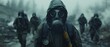 Soldiers in gas masks and hazmat suits enter a ruined city. Concept Post-apocalyptic world, Military, Gas masks, Hazmat suits, Ruined city