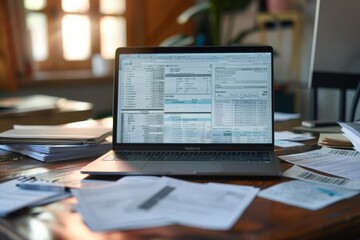A laptop computer sits on a rustic wooden desk, its screen displaying a digital tax filing process in progress.
