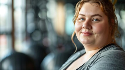 Wall Mural - A woman with a warm smile wearing a gray top seated in a blurred indoor setting with natural light.