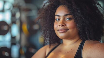 Wall Mural - A woman with curly hair wearing a black top smiling at the camera with a background of blurred lights.