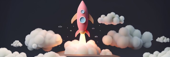 Wall Mural - A pink space rocket is launching from a planet and fire and smoke around, at night, red illustration of spacecraft, AI Generated.