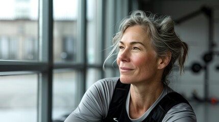 Sticker - Woman with gray hair wearing a gray and black sports top looking out of a window with a thoughtful expression.