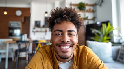 Wall Mural - Smiling man with curly hair wearing a yellow shirt sitting in a modern living room with plants and a clock in the background.