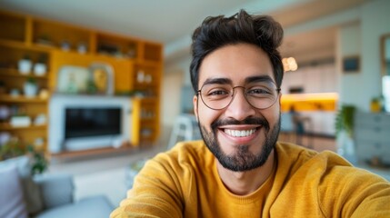 Poster - Smiling man with glasses in cozy living room wearing yellow sweater.