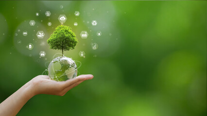 Wall Mural - A hand is holding a globe with a tree growing on it. Several icons representing sustainability and environmentalism surround the tree. World environment day, ESG, co2, and net zero. green energy.