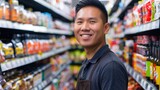 Fototapeta  - A smiling Asian man wearing a brown apron standing in a well-stocked grocery store aisle with various packaged food items.