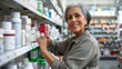 Woman in pharmacy smiling holding medication surrounded by shelves of various drugs.