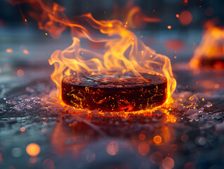 Hockey puck on fire on a black background. AI generated.