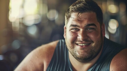 Wall Mural - A bearded man with a joyful expression wearing a sleeveless shirt sitting in a blurred indoor setting with warm lighting.