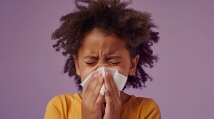 Wall Mural - Young child with curly hair wearing a yellow shirt holding a white tissue to their nose with a concerned or upset expression.