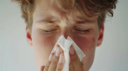 Sticker - A young person with closed eyes holding a tissue to their nose possibly in a moment of distress or discomfort.