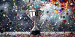 Trophy cup, silver, winners trophy with falling confetti 