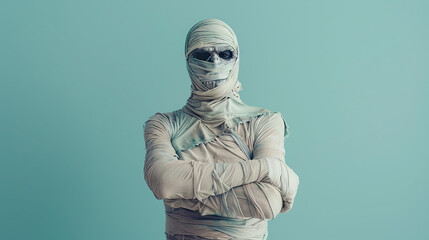 Wall Mural - Young man in costume dressed as a Halloween cosplay of a scary mummy on blue background