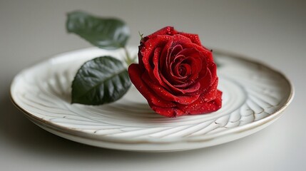 Canvas Print - Red rose on white dish.Meal on Valentines Day