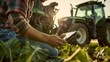 © iuricazac - A farmer in a plaid shirt using a tablet computer in a field with agricultural machinery.