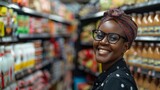 Fototapeta  - Smiling woman in a store aisle with a colorful headscarf and glasses surrounded by various products.