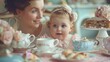 A delightful image of a mother and child enjoying a tea party together, surrounded by dainty teacups, saucers, and plates of delicious treats