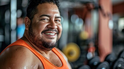 Smiling man in orange tank top at gym with weights in background.