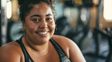 Wall Mural - Smiling woman with curly hair wearing a black tank top in a gym setting with blurred equipment in the background.