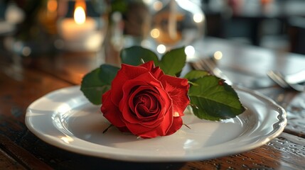 Sticker - Red rose on white dish.Meal on Valentines Day