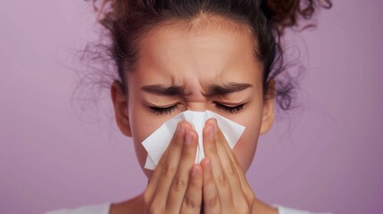 Wall Mural - Young woman with closed eyes holding a white tissue to her nose showing a sense of discomfort or distress against a soft purple background.