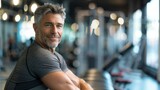 Fototapeta  - A man with a beard and gray hair smiling at the camera wearing a gray t-shirt sitting in a gym with blurred background.