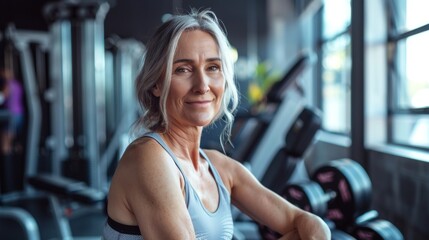 Wall Mural - A woman with gray hair wearing a tank top smiling in a gym with exercise equipment in the background.