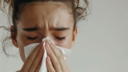 Wall Mural - A young woman with closed eyes holding a white tissue to her nose appearing to be in a moment of sadness or distress.