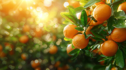 Ripe oranges, tangerines growing on a citrus branch with green leaves in an orchard. Sunny day. Bokeh effect. AI generative