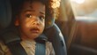 A young child with curly hair wearing a car seat looking out of a car window with a thoughtful expression.