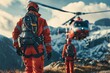 Two medical responders equipped with safety gear and climbing apparatus rushing to aid a helicopter emergency medical team, embodying the themes of salvation and optimism.