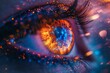 Closeup of woman's eye with vibrant blue and orange glowing iris in striking detail and color contrast