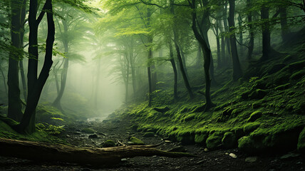 Wall Mural - misty landscape in a fresh green spring forest, trunks of green trees in the mist of the forest morn