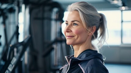 Poster - Smiling woman with gray hair wearing a black jacket standing in a gym with fitness equipment in the background.