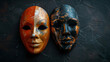 Two theatrical masks on dark background with copy space