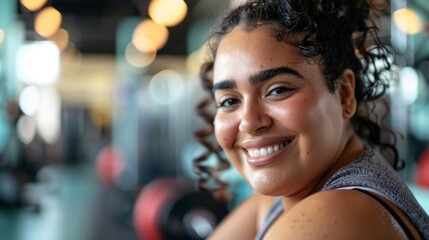 Poster - Smiling woman with curly hair and dark eyebrows wearing a grey tank top in a gym setting with blurred exercise equipment and lights in the background.