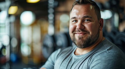 Wall Mural - Smiling man in gym wearing gray t-shirt with beard and short hair standing in front of weightlifting equipment.