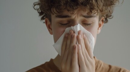 Sticker - Young person with curly hair closed eyes and a tissue held to the nose possibly indicating sadness or distress.