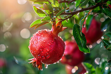 Wall Mural - A red fruit with water droplets on it is hanging from a tree. The fruit is surrounded by green leaves. Pomegranates grow on trees, fresh dew