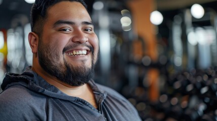 Wall Mural - Smiling man with beard in gym blurred background of weights and equipment.
