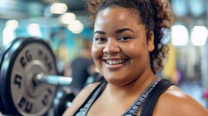 Wall Mural - Smiling woman in gym wearing black tank top with barbell in background.