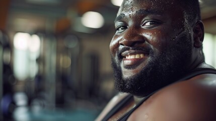 Poster - A man with a beard smiling and sweating wearing a tank top in a gym setting.