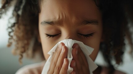 Wall Mural - A young girl with curly hair eyes closed and a concerned expression holding a white tissue to her nose possibly indicating she is feeling unwell or experiencing discomfort.