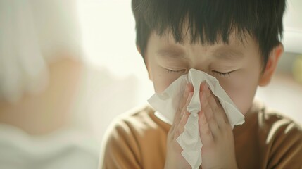 Wall Mural - A young boy with dark hair wearing a light brown shirt gently holding a white tissue to his nose with his eyes closed possibly in a moment of comfort or relief.