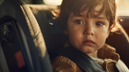 Poster - A young child with a contemplative expression seated in a car seat with sunlight streaming through the window.